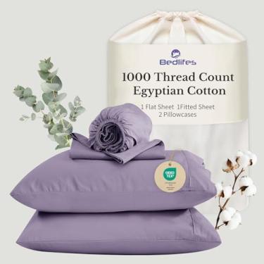 Imagem de Bedlifes Lençóis de algodão egípcio 1000 fios tamanho Queen, 4 peças de 40,6 cm com bolso profundo - roupa de cama ultramacia refrescante e respirável para conforto do hotel (ilás)