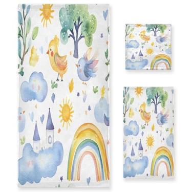 Imagem de xigua Conjunto de toalhas de banheiro arco-íris pastel aquarela absorvente macio 3 peças toalha de banho toalha de mão toalhas decorativas para banheiro, academia, hotel, praia, piscina