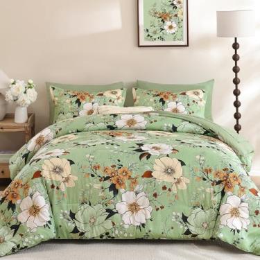 Imagem de Xruibed Conjunto de edredom floral, tamanho king, 7 peças, verde sálvia em uma bolsa, conjunto de edredom boêmio com lençol, fronhas, fronhas de microfibra macia para todas as estações (King 264 x 224