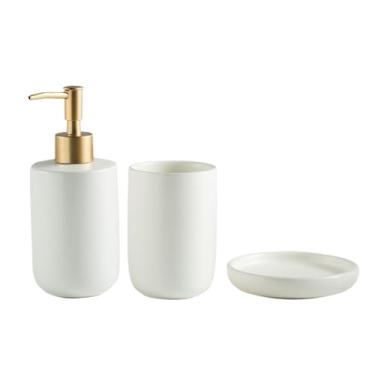 Imagem de Lindo conjunto de acessórios de banheiro de cerâmica de 3 peças inclui dispensador de sabão de loção, copo de enxaguante bucal, saboneteira decoração de banheiro (branco)