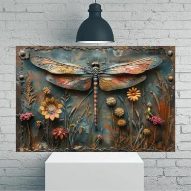 Imagem de Arte de parede rústica em tela rústica vintage libélula com flores silvestres - Pôster sem moldura de 20 x 30 cm - Ideia de presente para decoração de casa e escritório para sala de estar, quarto