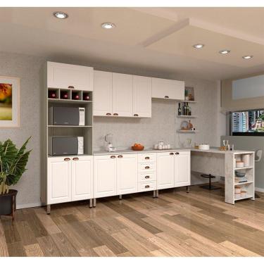 Imagem de Armário De Cozinha Completa 6 Peças Com Tampo E Bancada Gourmet Agatha Luciane Móveis Legno Crema Com Branco Pet