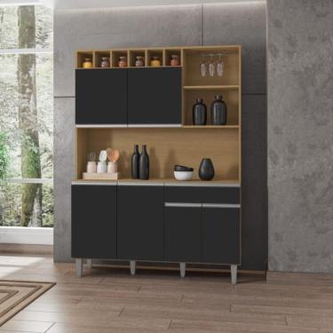 Imagem de Armário Cozinha Completo Robin Amendoa Preto 6 Portas