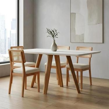Imagem de Mesa de Jantar 1,60m Tampo de Vidro e Madeira Natural com 4 Cadeiras D