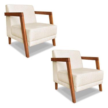 Imagem de Kit 02 Poltronas Decorativa Natália Linho Bege Base Em Madeira Castanho - Pallazio