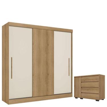 Imagem de Guarda Roupa Casal Vision 3 Portas Capuccino Cacau Off White Flex Acetinado E Cômoda Com Porta Aurora Cappuccino - Thb