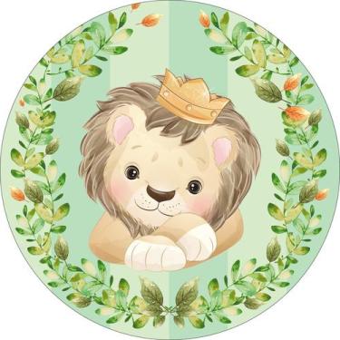 Imagem de Painel de Tecido Sublimado Redondo Leão Coroa Fundo Verde e Folhas c/ 