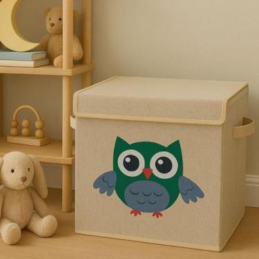 Imagem de Caixa Organizadora Infantil Brinquedos Linho Tampa Baú Okys, Coruja
