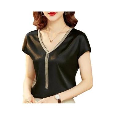 Imagem de Blusa Casual Feminina De Cetim Solta Com Manga Curta E Decote Em V, Ca