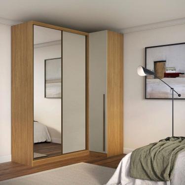 Imagem de Módulo de Canto Porta de Correr com Espelho 3 Portas 100% Mdf Altezza Trend Freijó/Off White