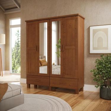 Imagem de Guarda-roupa 4 Portas 2 Gavetas com Espelho 100% Madeira Maciça Bronze Castanho
