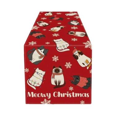 Imagem de Caminho De Mesa De Natal Fofo Com Gatos, Fundo Vermelho, Flocos De Nev