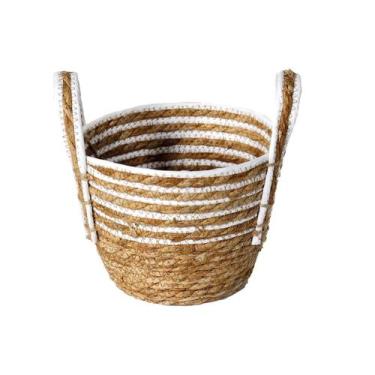 Imagem de Cesto Natural de Fibras Detalhes Branco com Alça 19 X15 CM - TodaTreco