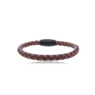 Imagem de Bracelete de Aço 20cm Com em Couro Trançado e Fecho - Rosso Design