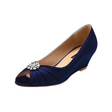 Imagem de ERIJUNOR Tênis de casamento feminino confortável salto baixo anabela peep toe, Azul marino, 10.5