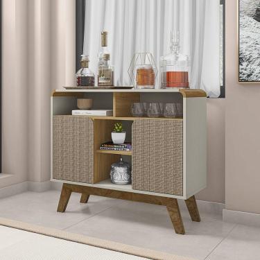 Imagem de Buffet Estilo Retrô Cantos Curvos Pés de Madeira Maciça Berilo Móveis Bechara Off-White/Cinamomo/3D Rattan