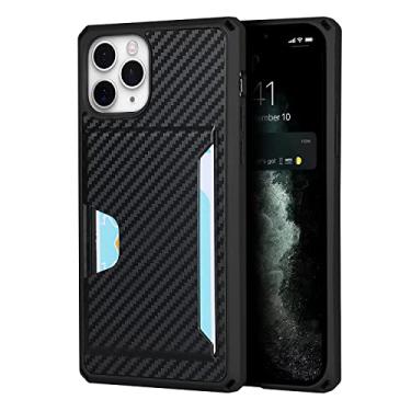 Imagem de DENSUL Capa carteira para iPhone 12/12 Pro/12 Pro Max/12 Mini, capa fina de fibra de carbono, compartimentos para cartões traseiros de PC duráveis capa à prova de choque com borda de TPU macia, preta, 12 mini 5,4 polegadas