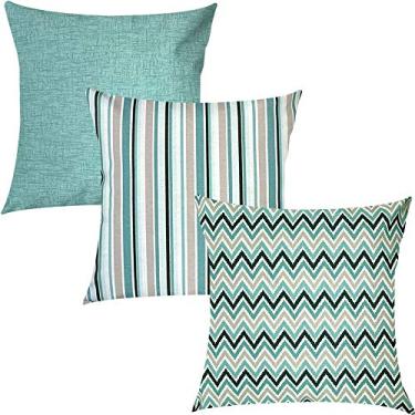 Imagem de Kit 3 Capas de Almofadas Chevron, Listrado e Liso Verde Água Impermeável 45x45cm