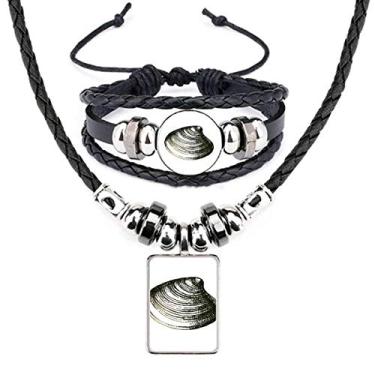 Imagem de Black Marine Life Conjunto de joias de pulseira de couro com ilustração de vieira