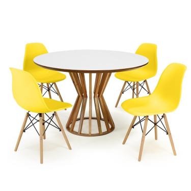 Imagem de Conjunto Mesa de Jantar Redonda Cecília Amadeirada Branca 120cm com 4 Cadeiras Eames Eiffel - Amarelo