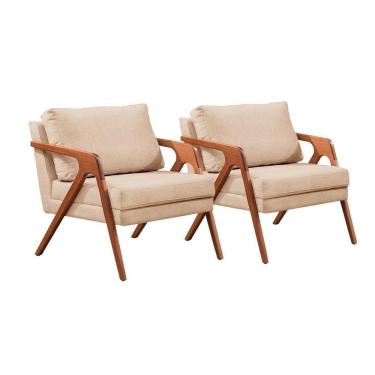 Imagem de Conjunto - 2 Poltronas Mona Luxo Madeira Maciça Castellar Linho Bege Claro
