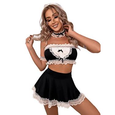 Imagem de OYOANGLE Women's 5 Pack Maid French Cosplay Costumes Lingerie Set Lace Trim Babydoll Lingerie Plain Black and White L