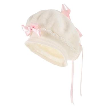 Imagem de SHERCHPRY Boinas acessórios de cabelo kawaii doce boina chapéu boina bege bonés femininos boina para chapéu bege chapéus boina de laço chapéu kawaii japonês barra Senhorita lã branco