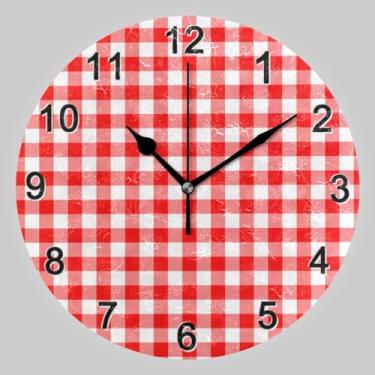 Imagem de CHIFIGNO Relógio circular redondo xadrez vermelho e branco, relógios de parede operados por bateria 25,4 cm relógio redondo 25,4 cm relógios de parede para casa escolar