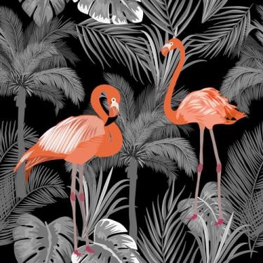 Imagem de ReWallpaper Papel de parede de 17,5 pol. × 23 m, papel de parede de flamingo laranja folha cinza escuro tropical para banheiro, quarto, quarto de menina, papel de parede autoadesivo selva armário