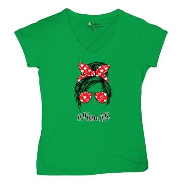 Imagem de Camiseta feminina Mom Life Messy Bun gola V moderna maternidade maternidade dia das mães mãe mamãe #Momlife camiseta, Verde, G