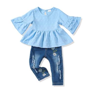 Imagem de NZRVAWS Roupas para bebês meninas roupas infantis jeans rasgado jeans plissado floral leopardo camisa conjunto calça menina 0-4T, Azul puro, 3-4 Anos
