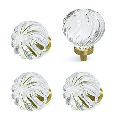 Imagem de JEREVER Pacote com 4 maçanetas de latão de vidro vintage puxador de gaveta de cristal para cômoda cozinha banheiro ferragens de móveis dourados (forma espiral)