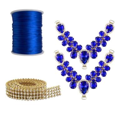 Imagem de Kit Cabedal em V Cristal Chinelo Decoração Design Pedrarias Estilo Customização Artesanato (Azul escuro)