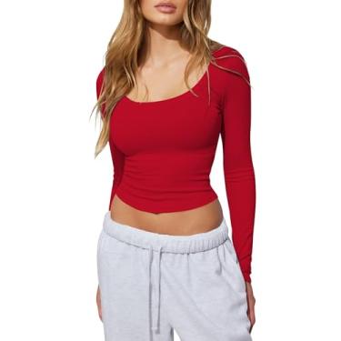 Imagem de AKLOPVII Camiseta feminina de malha canelada, manga comprida, gola redonda, justa, casual, básica, para sair, Vermelho, P