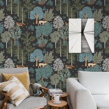 Imagem de Papel de parede criativo de floresta, floresta, selva, 44,5 x 299,7 cm, autoadesivo, aquarela, safári, coruja, lobo, urso, contato, murais de papel de parede para quarto, sala de estar, TV, sofá,