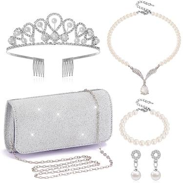 Imagem de CISYINO 5 peças de bolsas de embreagem prata conjunto de joias para mulheres colar de pérolas brincos pulseiras conjunto de coroa brilhante baile noite bolsa formal de casamento bolsas com corrente, Liga de cobre, Sem Pedra Preciosa