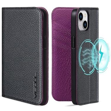Imagem de VISOUL Capa Flip de Couro Real Compatível com iPhone 15, Suporte para Cartão, Visualização em Pé, Fecho Magnético (Preto + Roxo)