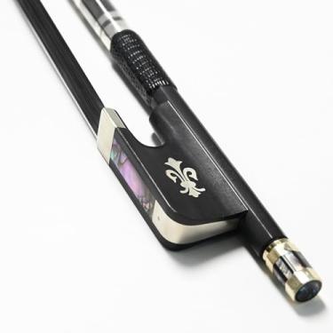 Imagem de Vingobow Arco de violoncelo de fibra de carbono 4/4, arco de violoncelo feito à mão de crina de cavalo preto, bem equilibrado com sapo de ébano para todos os níveis de habilidade