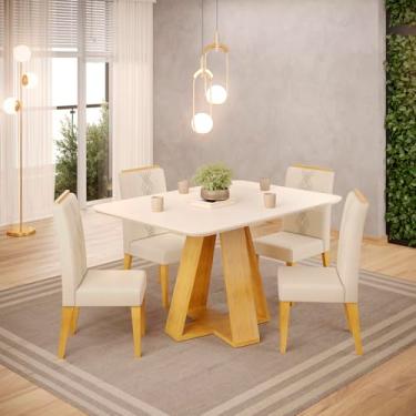 Imagem de Conjunto Sala de Jantar 4 Cadeiras Tampo de Vidro Dj Móveis Kiara Cedro Yasmin Linho Neve