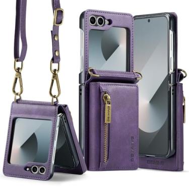 Imagem de 3 in 1 Detachable Compatible with Samsung Galaxy Z Flip 6 Phone Case,DG.MING M5 Luxury Zipper Wallet Leather with Card Holder Faux Leather Long Shoulder Strap Men Women 6.7'' RFID Blocking (Purple)