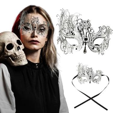 Imagem de Máscara feminina de filigrana de metal – máscara estilo cisne com strass para carnaval, baile, dia das bruxas e festas venezianas, Pedras prateadas/pretas, tamanho nico