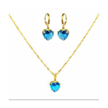 Imagem de Conjunto Colar Brinco Pedra Cristal Azul Mar Folheado Ouro - MIXFOLHEA
