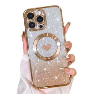Imagem de Bonoma Glitter magnético para iPhone 16 Pro Max [compatível com MagSafe], capa transparente de luxo com estampa de coração de amor, proteção de câmera, capa traseira macia e brilhante para mulheres e