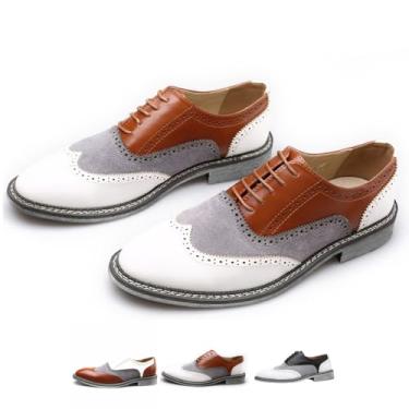 Imagem de Sapato social masculino em dois tons de patchwork Brogue Oxfords moderno clássico bico redondo com cadarço cano baixo couro social costurado à mão negócios formal Derby sapatos, Marrom, 39