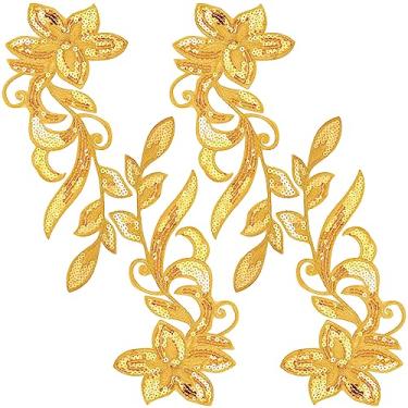 Imagem de CHANZET Remendos de flor dourada com lantejoulas 4 peças, apliques de ouro para vestidos, remendos bordados de ameixa, apliques de tecido de renda floral remendo bordado para artesanato em roupas