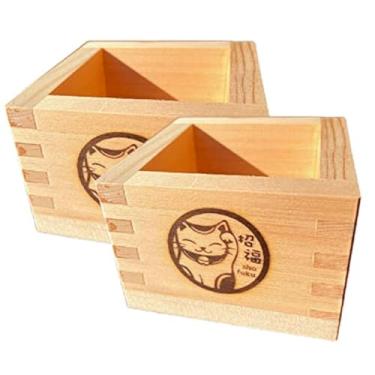 Imagem de EDOYA Hinoki Wood Sake Cups (Set of 2) Japanese Box Masu with Japanese Lucky Brand (Blessing Cat)Q