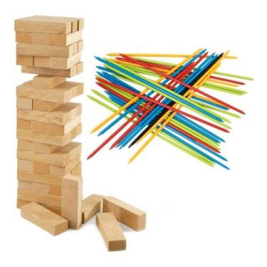Imagem de Jogo Caiu Perdeu 54 Blocos Torre Madeira + Pega Varetas - Pais e Filho