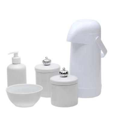 Imagem de Potes, Garrafa, Molhadeira e Porta Álcool-Gel Coroa Prata Quarto Bebê 