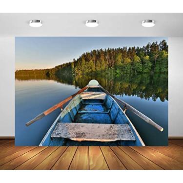 Imagem de BELECO Pano de fundo de barco de pesca de madeira antigo de 2,4 x 1,8 m de verão, floresta, lago, água, para fotografia, tema de pesca, decorações de festa, estúdio, adereços para fotos