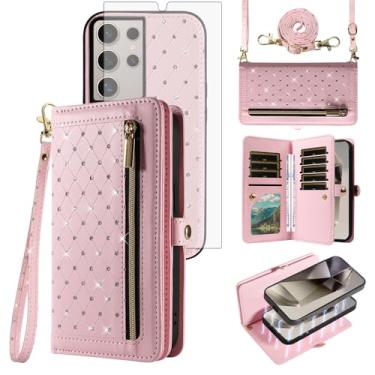 Imagem de Asuwish Capa de celular para Samsung Galaxy S24 Ultra 5G Carteira magnética destacável com protetor de tela alça transversal Bling Flip suporte para cartão de crédito S24Ultra 24S S 24 24Ultra